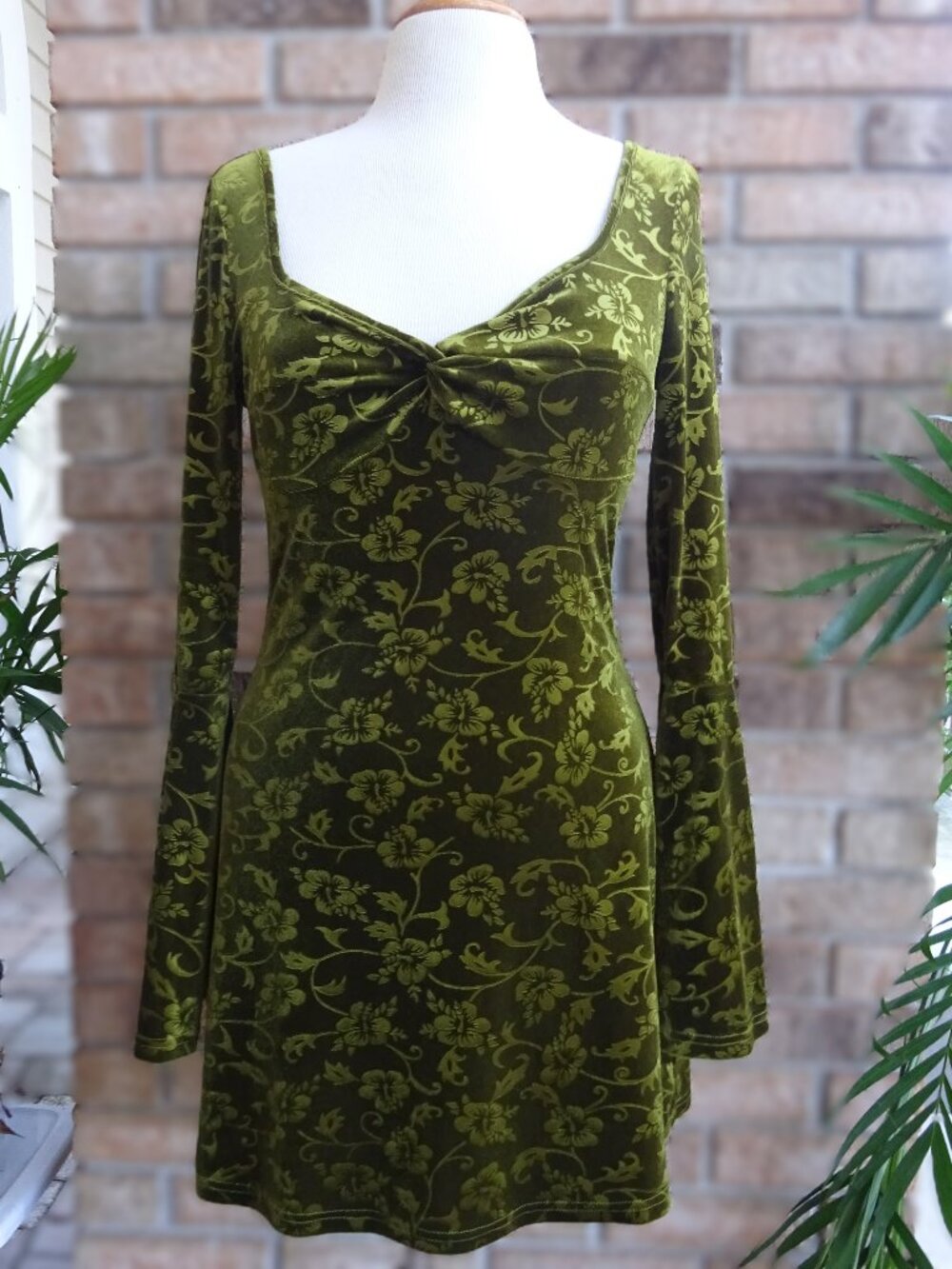 CIDER Olive Green Floral Velvet Mini Dress - Size M